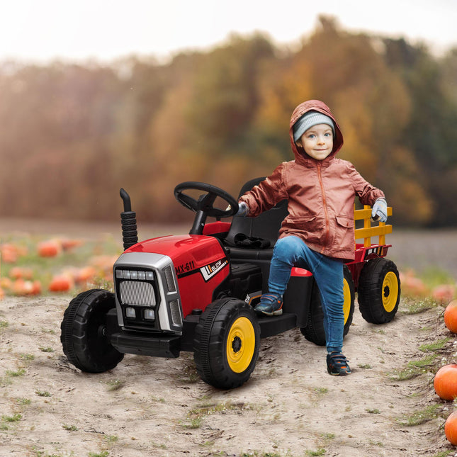 12V Electric Ride-On Tractor with Detachable Trailer, Remote Control & Music Start-Up Sound - Red/Grey/Yellow/Black
