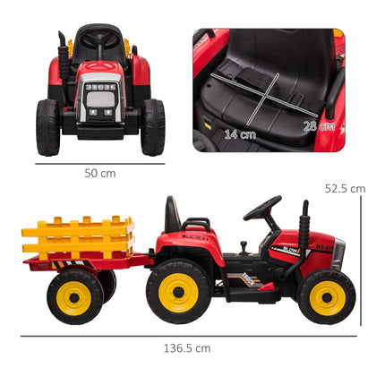 12V Electric Ride-On Tractor with Detachable Trailer, Remote Control & Music Start-Up Sound - Red/Grey/Yellow/Black
