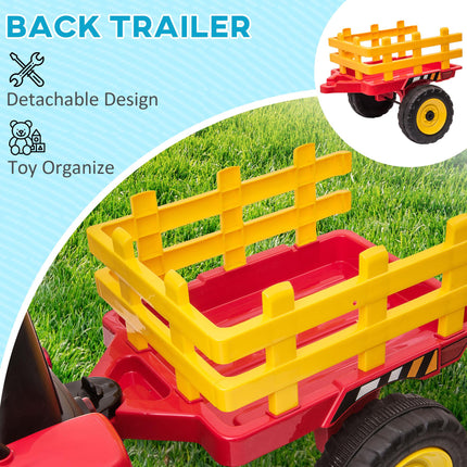 12V Electric Ride-On Tractor with Detachable Trailer, Remote Control & Music Start-Up Sound - Red/Grey/Yellow/Black