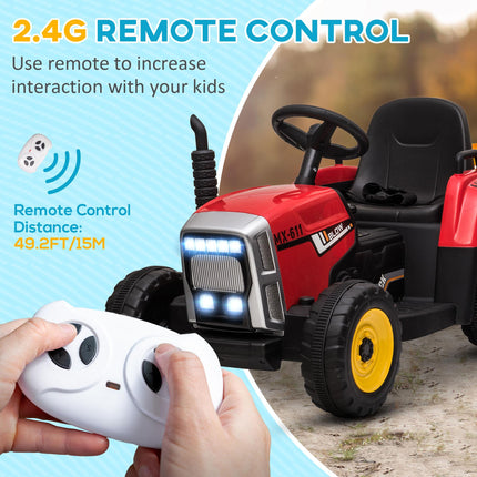 12V Electric Ride-On Tractor with Detachable Trailer, Remote Control & Music Start-Up Sound - Red/Grey/Yellow/Black