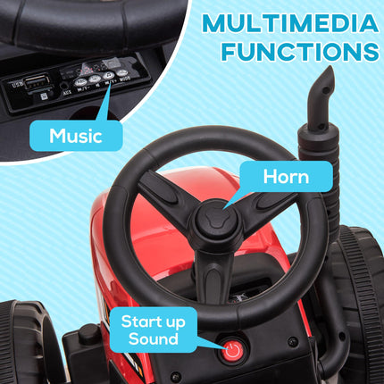 12V Electric Ride-On Tractor with Detachable Trailer, Remote Control & Music Start-Up Sound - Red/Grey/Yellow/Black
