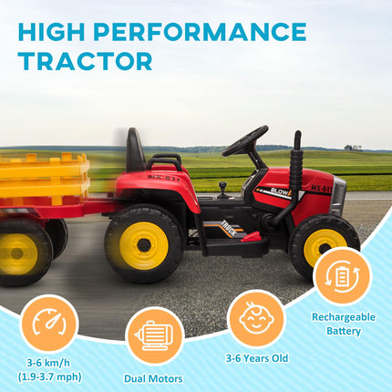 12V Electric Ride-On Tractor with Detachable Trailer, Remote Control & Music Start-Up Sound - Red/Grey/Yellow/Black