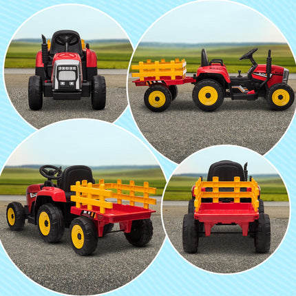 12V Electric Ride-On Tractor with Detachable Trailer, Remote Control & Music Start-Up Sound - Red/Grey/Yellow/Black