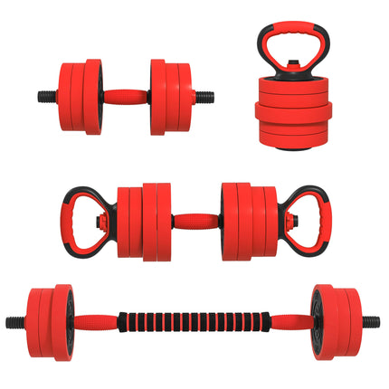 20kg Four-In-One Adjustable Dumbbell Set with Barbell, Kettlebell & Push-Up Stands - Red