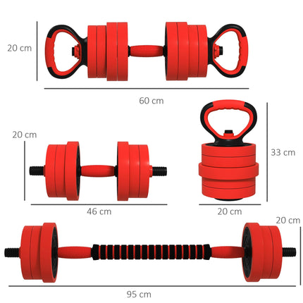 20kg Four-In-One Adjustable Dumbbell Set with Barbell, Kettlebell & Push-Up Stands - Red