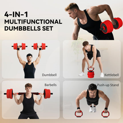 20kg Four-In-One Adjustable Dumbbell Set with Barbell, Kettlebell & Push-Up Stands - Red