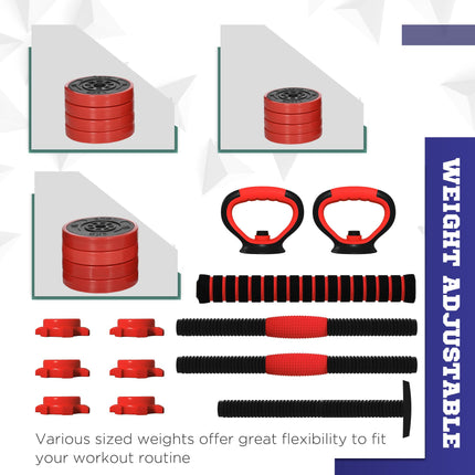 20kg Four-In-One Adjustable Dumbbell Set with Barbell, Kettlebell & Push-Up Stands - Red