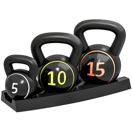 3-Piece Kettlebell Set with Storage Stand 5lbs, 10lbs, 15lbs - Black