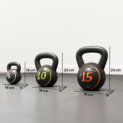 3-Piece Kettlebell Set with Storage Stand 5lbs, 10lbs, 15lbs - Black
