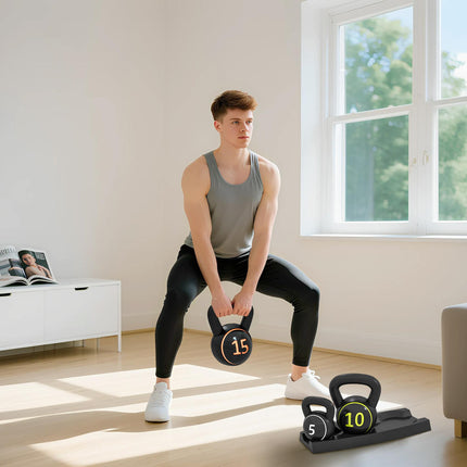 3-Piece Kettlebell Set with Storage Stand 5lbs, 10lbs, 15lbs - Black