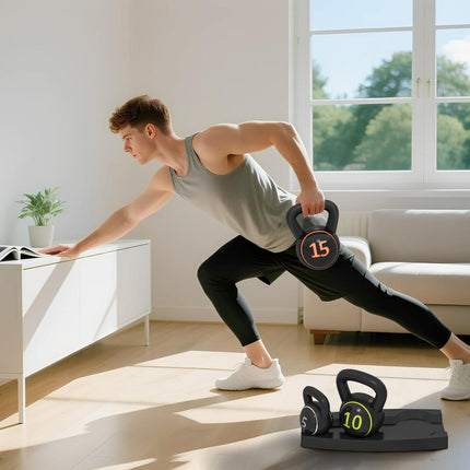 3-Piece Kettlebell Set with Storage Stand 5lbs, 10lbs, 15lbs - Black