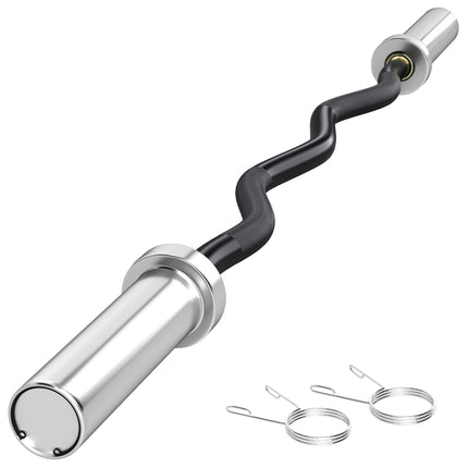 Olympic EZ Curl Barbell Bar 120cm for 2"/5cm Weight Plates with Spring Clips - Silver/Black