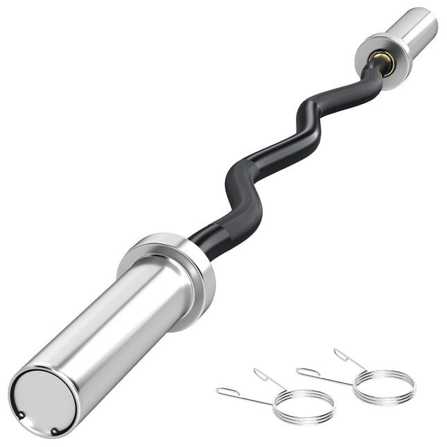 Olympic EZ Curl Barbell Bar 120cm for 2"/5cm Weight Plates with Spring Clips - Silver/Black