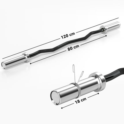Olympic EZ Curl Barbell Bar 120cm for 2"/5cm Weight Plates with Spring Clips - Silver/Black