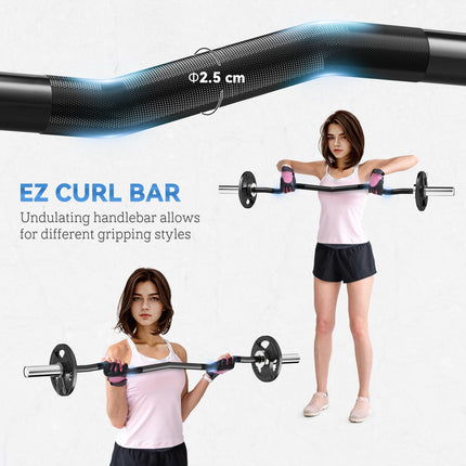 Olympic EZ Curl Barbell Bar 120cm for 2"/5cm Weight Plates with Spring Clips - Silver/Black