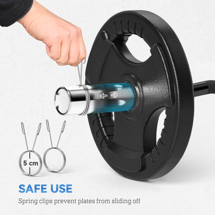 Olympic EZ Curl Barbell Bar 120cm for 2"/5cm Weight Plates with Spring Clips - Silver/Black