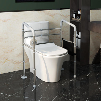 Adjustable Free Standing Toilet Safety Frame with Arms, Suction Cups & Grab Bar, 136kg Capacity - Silver
