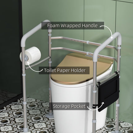 Adjustable Free Standing Toilet Safety Frame with Arms, Suction Cups & Grab Bar, 136kg Capacity - Silver
