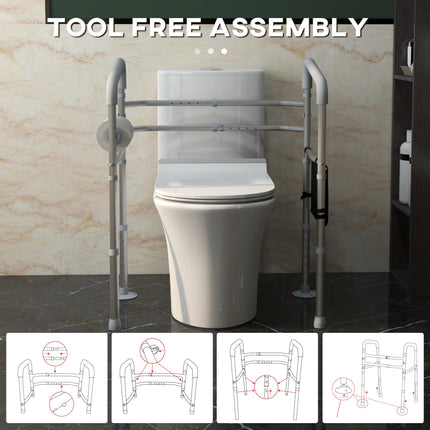 Adjustable Free Standing Toilet Safety Frame with Arms, Suction Cups & Grab Bar, 136kg Capacity - Silver