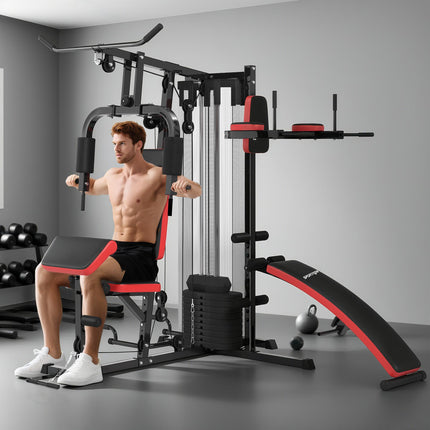 Multi Gym Workout Station with 65kg Weight Stack, Sit-up Bench, Push-up and Dip Station - Black