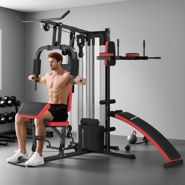Multi Gym Workout Station with 65kg Weight Stack, Sit-up Bench, Push-up and Dip Station - Black