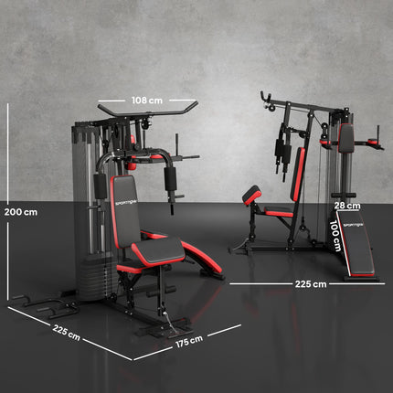 Multi Gym Workout Station with 65kg Weight Stack, Sit-up Bench, Push-up and Dip Station - Black
