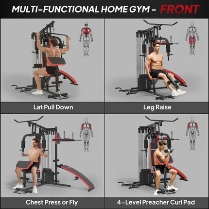Multi Gym Workout Station with 65kg Weight Stack, Sit-up Bench, Push-up and Dip Station - Black