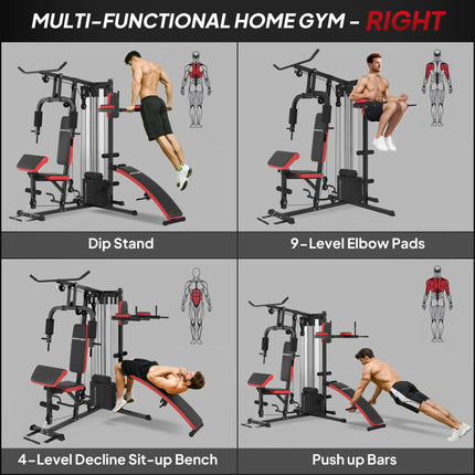 Multi Gym Workout Station with 65kg Weight Stack, Sit-up Bench, Push-up and Dip Station - Black