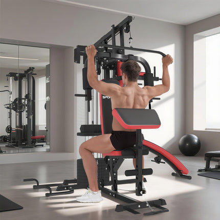 Multi Gym Workout Station with 65kg Weight Stack, Sit-up Bench, Push-up and Dip Station - Black