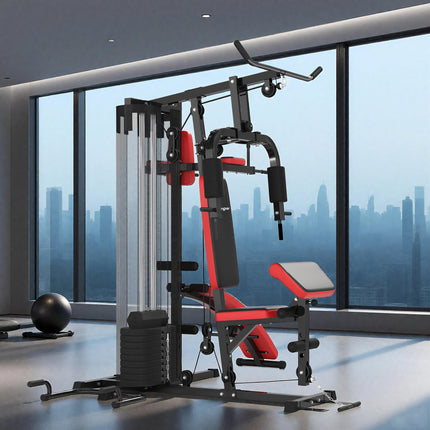 Multi Gym Workout Station with 65kg Weight Stack, Sit-up Bench, Push-up and Dip Station - Black