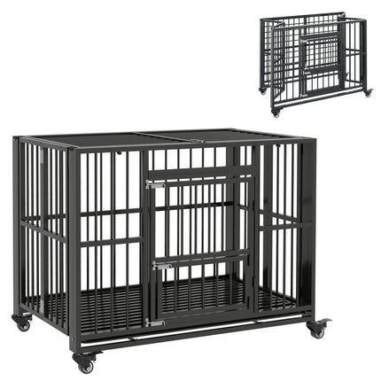 43" Heavy Duty Foldable Dog Crate with Openable Top, Locks, Removable Tray & Wheels - Black