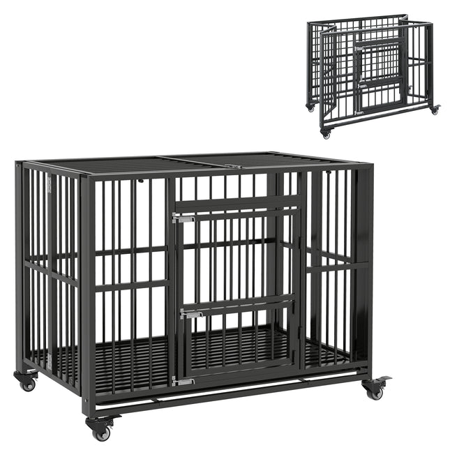 43" Heavy Duty Foldable Dog Crate with Openable Top, Locks, Removable Tray & Wheels - Black