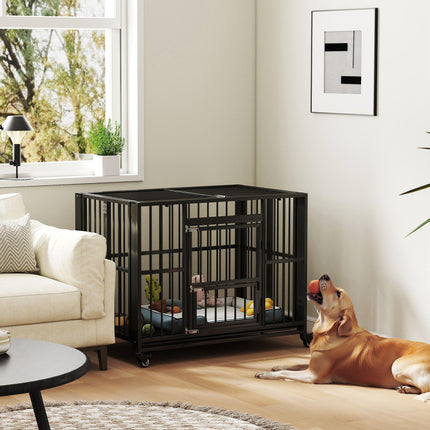 43" Heavy Duty Foldable Dog Crate with Openable Top, Locks, Removable Tray & Wheels - Black