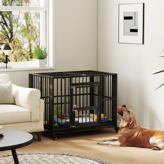 43" Heavy Duty Foldable Dog Crate with Openable Top, Locks, Removable Tray & Wheels - Black