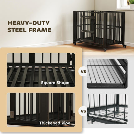 43" Heavy Duty Foldable Dog Crate with Openable Top, Locks, Removable Tray & Wheels - Black