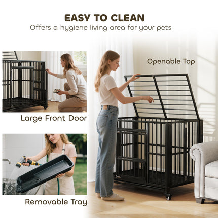 43" Heavy Duty Foldable Dog Crate with Openable Top, Locks, Removable Tray & Wheels - Black