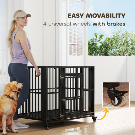 43" Heavy Duty Foldable Dog Crate with Openable Top, Locks, Removable Tray & Wheels - Black
