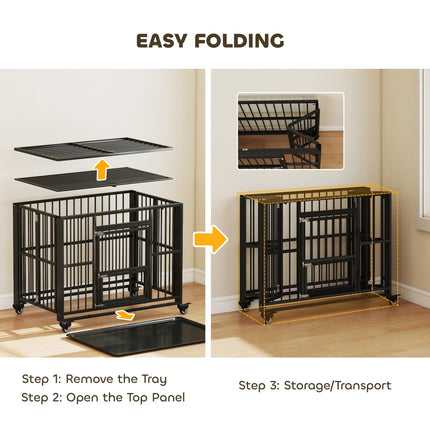 43" Heavy Duty Foldable Dog Crate with Openable Top, Locks, Removable Tray & Wheels - Black