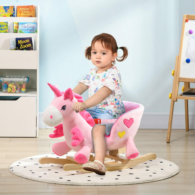 Kids Rocking Horse Ride-On Unicorn with 32 Songs, Wooden Base & Seatbelt for 18-36 Months - Pink