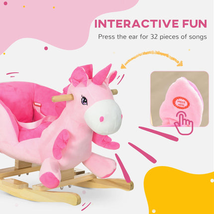 Kids Rocking Horse Ride-On Unicorn with 32 Songs, Wooden Base & Seatbelt for 18-36 Months - Pink