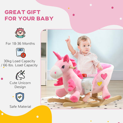 Kids Rocking Horse Ride-On Unicorn with 32 Songs, Wooden Base & Seatbelt for 18-36 Months - Pink