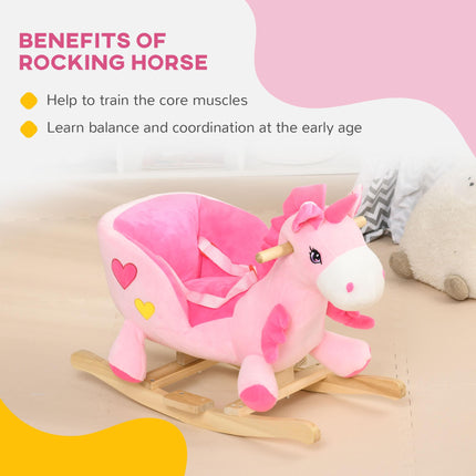 Kids Rocking Horse Ride-On Unicorn with 32 Songs, Wooden Base & Seatbelt for 18-36 Months - Pink