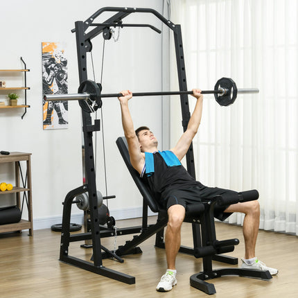 Smith Machine & Cable Pulley System with Adjustable Weight Bench, Multifunction