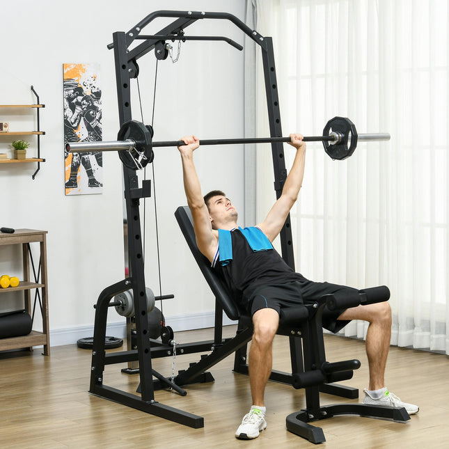 Smith Machine & Cable Pulley System with Adjustable Weight Bench, Multifunction