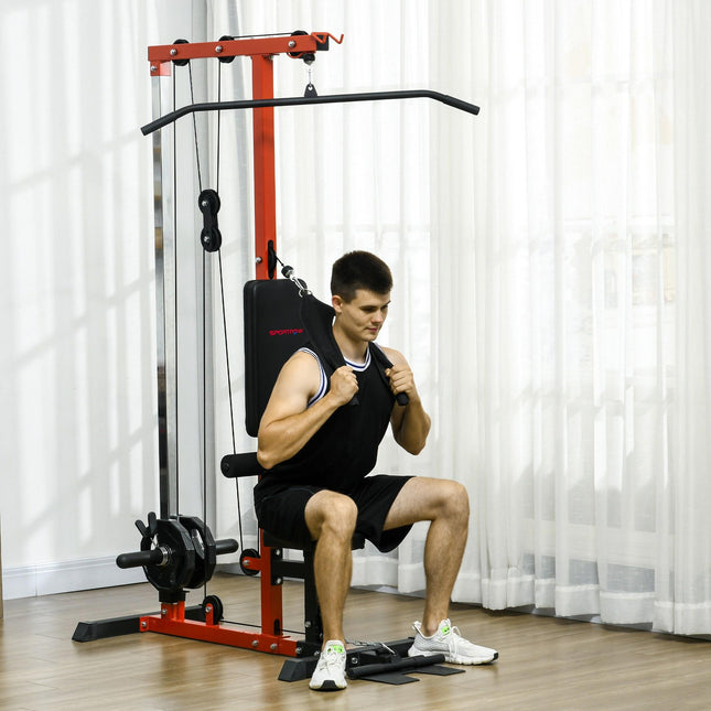 Pull Up Station Power Cage with Adjustable Seat for Home Gym - Red