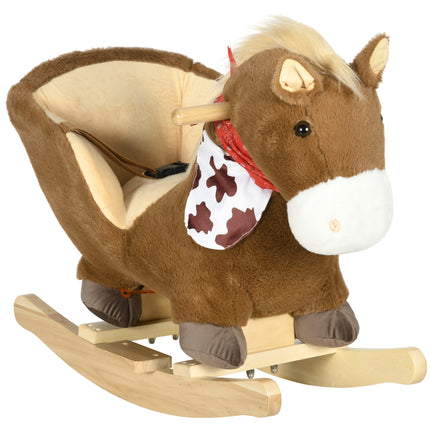 Kids Plush Rocking Horse with Safety Harness, Realistic Sound & Foot Pedals for Toddlers 18-36 Months - Brown