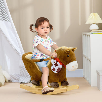 Kids Plush Rocking Horse with Safety Harness, Realistic Sound & Foot Pedals for Toddlers 18-36 Months - Brown