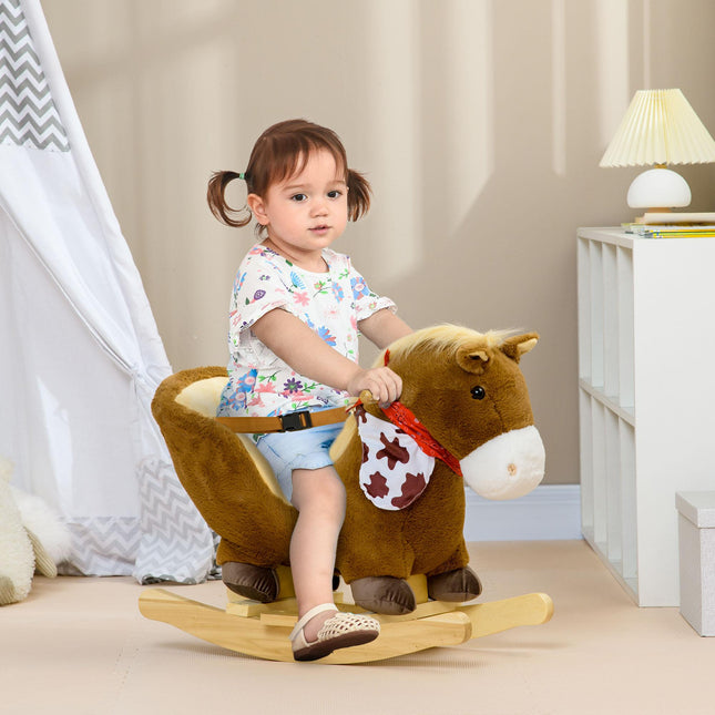 Kids Plush Rocking Horse with Safety Harness, Realistic Sound & Foot Pedals for Toddlers 18-36 Months - Brown