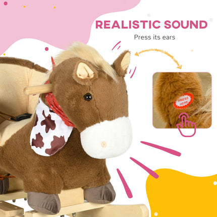 Kids Plush Rocking Horse with Safety Harness, Realistic Sound & Foot Pedals for Toddlers 18-36 Months - Brown