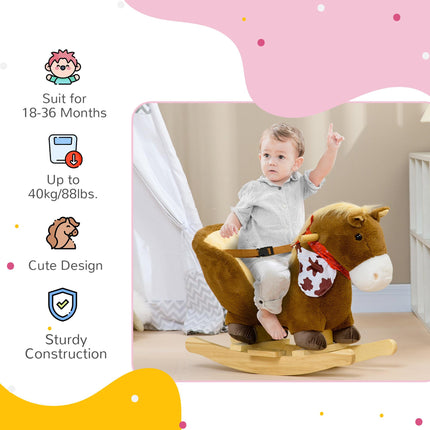 Kids Plush Rocking Horse with Safety Harness, Realistic Sound & Foot Pedals for Toddlers 18-36 Months - Brown